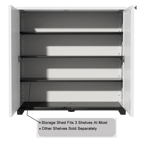 Open view of Waterproof Outdoor Storage Cabinet With Two Shelves 60 Gallon Resin Shed For Patio showing interior space.