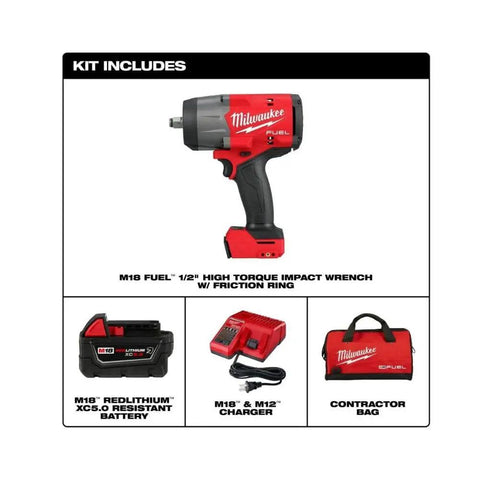 Half Inch High Torque Cordless Impact Wrench Kit With Friction Ring Brushless Workhorse Professional Grade 18 Volt Battery and All Day Carry Bag.