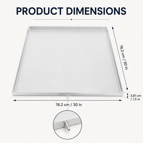 Heavy Duty 30x30x1.5 Inch Stainless Steel Washing Machine Pan With Drain Hole dimensions with 30 inch and 1.5 inch measurements
