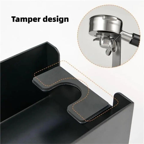 Heavy Duty Wooden Espresso Knock Box With 58mm Tamper Base showing dual slot tamper design for easy waste removal.