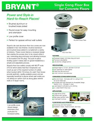 Image showing Single Gang Floor Box for Concrete Floors with brushed brass and aluminum options, set against product specifications.