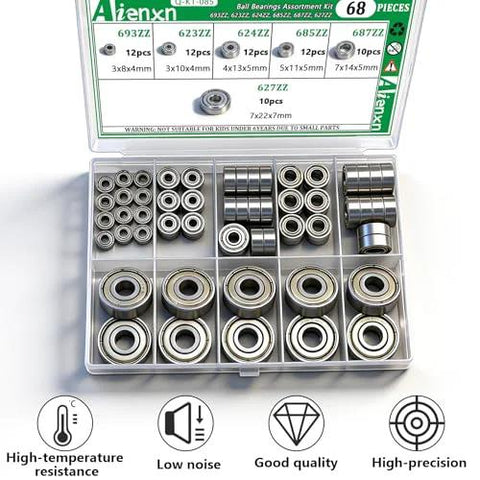 Front view of Aienxn 68-piece ball bearing kit; carbon steel deep groove, double shielded, sizes 693ZZ-627ZZ.