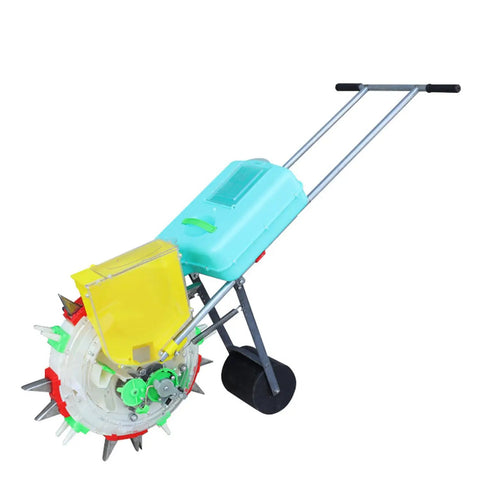 Garden Seeder Spreader With 10 Seed Plates, Double Storage Buckets For Seeds And Fertilizer, Hand Push Roller Seeder, side view