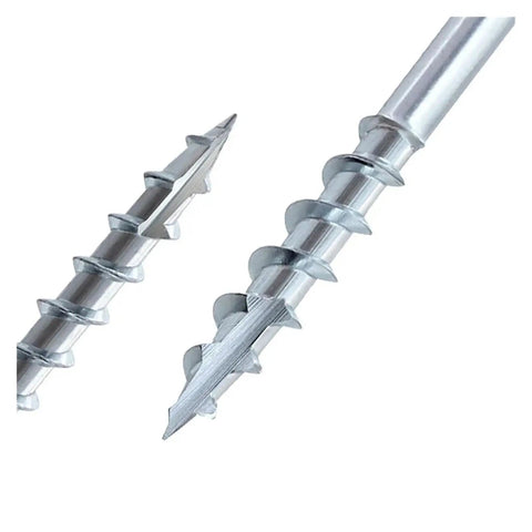Close-up of galvanized oblique-hole self-tapping screws ST4 with sharp tips for pocket hole jigs, metal, and woodworking projects.