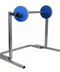 Vertical Bubble Wrap Roll Dispenser Heavy Duty Film Packing Station Foldable Cushion Holder in steel frame with blue discs.