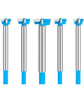 Five carbide-tipped wood drill bits with blue ends and silver shanks, arranged in a row