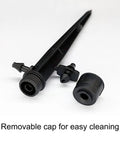 Drip Irrigation Emitters Set 25 Pcs With Adjustable Flow 0 To 20 GPH Drippers showing stake and removable cap for cleaning