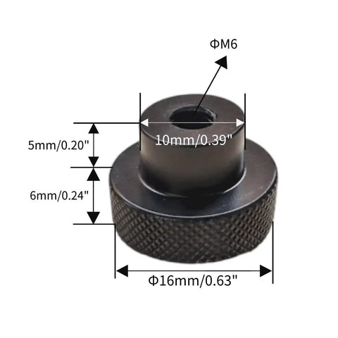 Aluminium Alloy Handwheel 16mm OD M6 Thread Black Knurling CNC Machined Anodized Finish precise measurement details