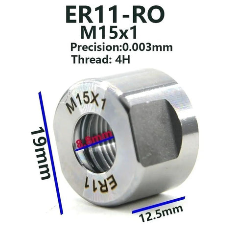 Heavy Duty ER11 Collet Clamping Nut For Lathe And CNC Machining Precision Steel Chuck Tightener showing M15x1 size and 19mm height.