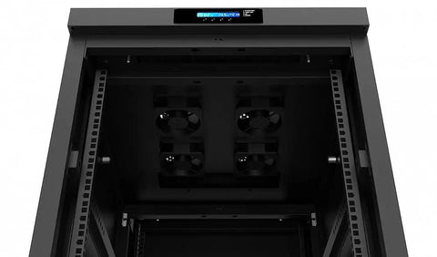Inside view of Built Tough 37U Server Rack Cabinet showing LCD controller and four turbo fans for airflow control.