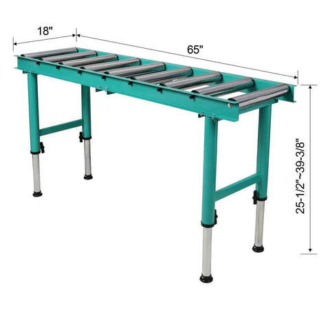 Premium Heavy Duty Gravity Conveyor Roller Table Set with 9 steel rollers, adjustable height 25.5-39.3 inches, 65 inches long.
