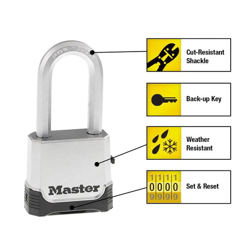 Heavy Duty Outdoor Weather Resistant Combination Padlock With Resettable Code And Boron Carbide Shackle For Gate, Shed Or Outdoor Storage Lockups, Built For Tough Environments with features