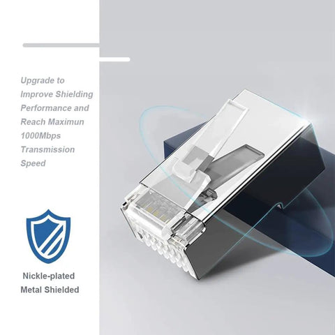 Close-up of a 100 Pack Shielded Cat6 RJ45 Pass Through Connector with nickel-plated shield for FTP STP Ethernet cable.