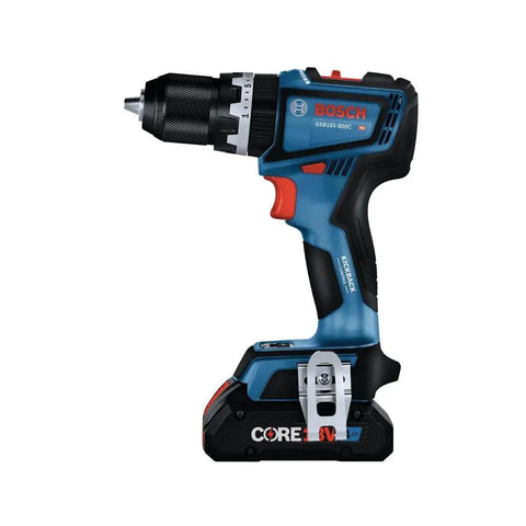 One Half Inch Brushless Hammer Drill And Driver Kit With Core 18v 4ah Battery, side view showcasing design and features.