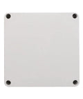 Front view of IP65 Waterproof ABS Plastic Enclosure Box with concealed mounting holes for indoor and outdoor use, 120x120x90mm.