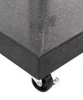 Close-up of Rock Solid Parasol Base In Black Granite With Stainless Steel Construction Square Design showing wheel corner