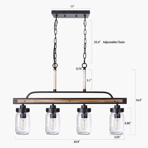 Farmhouse Black Mason Jar Chandelier For Kitchen Island And Dining Table Rustic Linear Pendant Light With Faux Wood And Glass