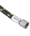 Super Chill Hella Flexible Braided Air Hose And Durable Rubber Tube With Spray Pen Adapter For Zero Kink Airbrush Extension Smooth Paint Flow One Eighth Inch Six Feet Long close-up of hose end with connector