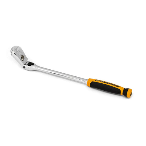 3/8 Inch Drive 90-Tooth Locking Flex Head Teardrop Ratchet, 13 Inch, Dual Material Handle shown from side angle on white background