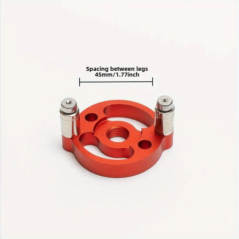 Boss Grade Self Centering Doweling Jig Kit With Knockout Wood Drill Guide detailed view of red alignment plate showing spacing between legs.