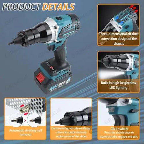 Kickass Heavy Duty Cordless 26V Electric Rivet Nut Gun Set Includes 5200 Mah Battery showing built-in LED lighting and design features.