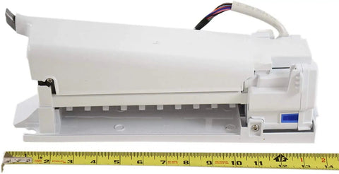 Side view of icemaker kit for refrigerator replacement compatible with DA97-15217D and related models with ruler for scale.
