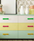 Super Cute Soft Rubber Cabinet Handles 5 Inch Long with Zinc Alloy Base Kid Safe Toddler Friendly Drawer Knobs Rust Proof Smooth Finish Yellow Four Pack Includes Installation Screws on modern dresser.
