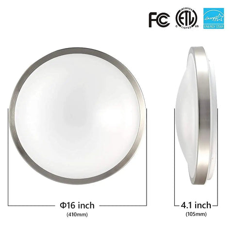 Dimensions of 16 Inch LED Motion Sensor Ceiling Light With 23W 1200LM Daylight Sensor for indoor use, top and side view.
