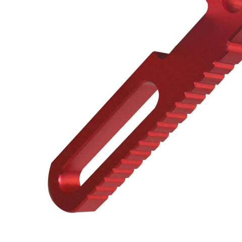 Close-up of Aluminum Alloy T Track Fence Flip Stop For Miter Track Systems, easy adjust, red aluminum construction