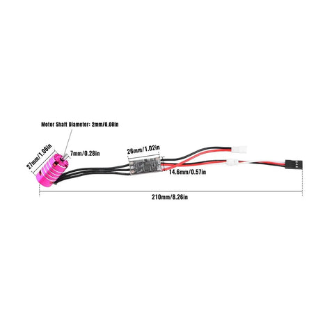 4500KV Brushless Motor And AM32 25A ESC Upgrade Kit dimensions with cables and connectors shown
