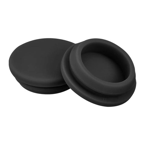 Heavy Duty Black Silicone Snap In Locking Hole Plugs 5 Pack With A Smooth Groove Fit, showing two black silicone plugs at different angles.