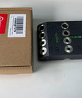 Multi Angle Cable Railing Drill Guide Jig With Built In Bubble Level For Deck Posts And Stair Railings next to its packaging.
