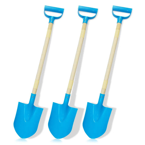 Kids Beach Shovel Set 3 Pack With Adjustable Lengths 19 To 31 Inches, Wood And Plastic Digging Shovels With D Handle