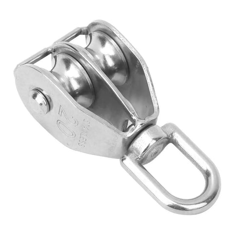 Two Pack Double Pulley Block Heavy Duty Lifting Sheave With Steel Wire Rope Hook For Rock Solid Rigging Jobs Quick Setup Design. Steel construction with dual wheels.