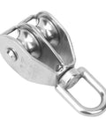 Two Pack Double Pulley Block Heavy Duty Lifting Sheave With Steel Wire Rope Hook For Rock Solid Rigging Jobs Quick Setup Design shows a close-up of a stainless steel double sheave pulley.