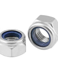 Built Tough And Top Shelf Quality M8 X 1.25mm Nylon Insert Lock Nuts Crafted From Durable 304 Stainless Steel, two close-up hex nuts with nylon rings.
