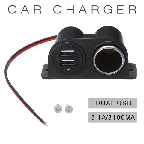 Top Tier No Fuss Ride Ready Under Dash Cigarette Lighter Adapter Featuring Dual 3.1A USB Quick Charge Outlets For 12V And 24V Cars Trucks Suv Hardwire Kit with black casing and wires.