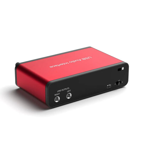 Red USB-C Audio Interface For Recording Podcasting And Streaming With 24Bit 192kHz Sound, showing line outputs and USB-C port.