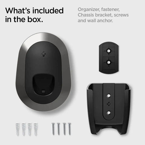 Tesla Mobile Charger Cable Organizer Wall Mount components displayed, including screws and drywall anchors, white matte finish.