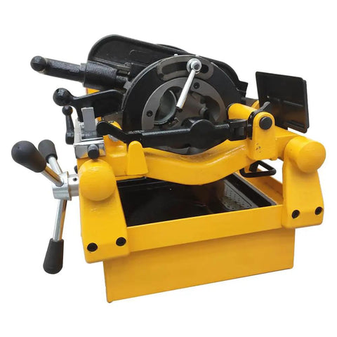 Real Deal 220V Electric Pipe Threader Machine 1HP adjustable speed threading cutter with yellow metal frame and handles.