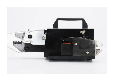 AOXHUGB Electric Terminal Crimping Machine with Auto Stripping And Cutting side view showing adjustable settings and transparent components.