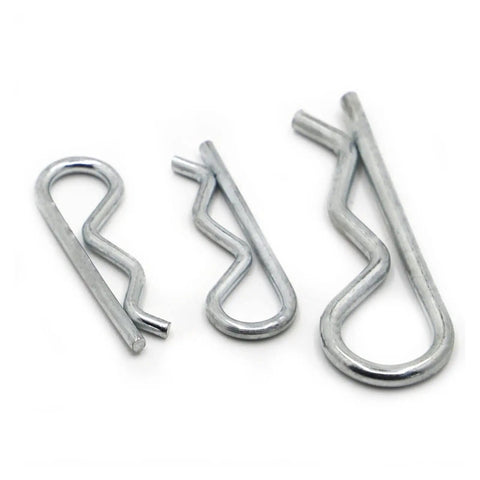 R Shaped Spring Cotter Pins 10 Size Set For M1 To M5 Heavy Duty Fasteners Zinc Plated Carbon Steel Hair Pin Hitch Pin Assortment For Securing Clevis Pins And Pin Locking In Home Or Workshop Use, three sizes shown