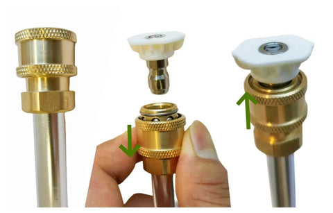 Lightweight Pressure Washer Wand With Brass Jet Nozzle For Garden Hose Quick Connector shown with interchangeable nozzles