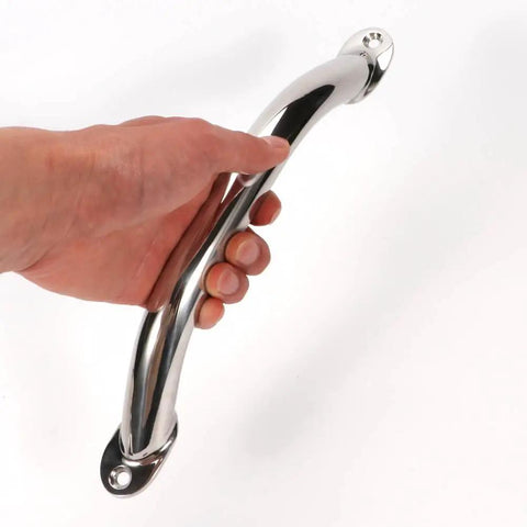 Two Pack 9 Inch Long Polished Stainless Steel Boat Grab Handles Handrails For Marine Use being held to show size