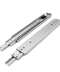 Premium Ball Bearing Drawer Slides With Slick Full Extension And A Badass 500 Pound Load Rating For Kitchen Cabinets And Workshop Storage Measuring Thirty Six Inches Long, showcasing chrome-finish rails.