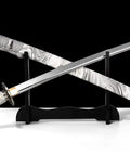 Hand Forged Katana Sword With T10 High Carbon Steel Clay Tempered Full Tang 41 Inch Overall Length displayed on a stand.