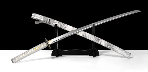Hand Forged Katana Sword With T10 High Carbon Steel Clay Tempered Full Tang 41 Inch Overall Length displayed on a stand.