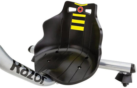 PowerRider 360 Drifting Trike Electric Ride On For Kids 9 MPH Top Speed With 40 Minute Run Time Dual Rear Caster Wheels For 360 Spins And Drifts Black Yellow seat