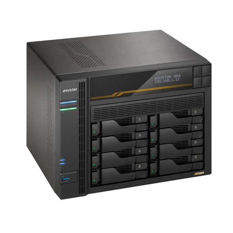 Heavy Duty Eight Bay Nas Built For Knockout Performance With Amd Ryzen Processor And Sixteen Gb Ecc Ddr5 Memory Comes Loaded With Three Terabyte Ssd Drives And Dual Ten Gigabit Ethernet Ports For Real World Pros - eight bay NAS with sleek design and multiple drive bays.
