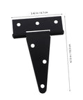 Front view: black heavy-duty extended T-shaped hinge for wood gates/fences; 4.13 in tall, 3.42 in wide, mounting holes.